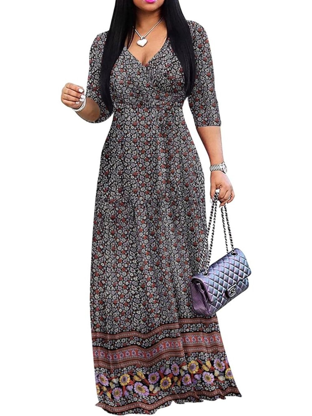 Plus Size Casual Summer Maxi Dress - Sexy Wrap V Neck, 3/4 Sleeve, Pockets